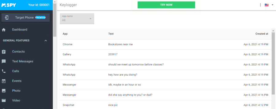 mSpy, the best keylogger software's dashboard