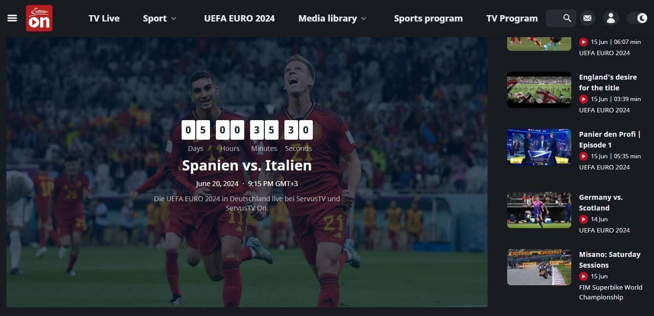 Streaming Spain vs Italy on ServusTV