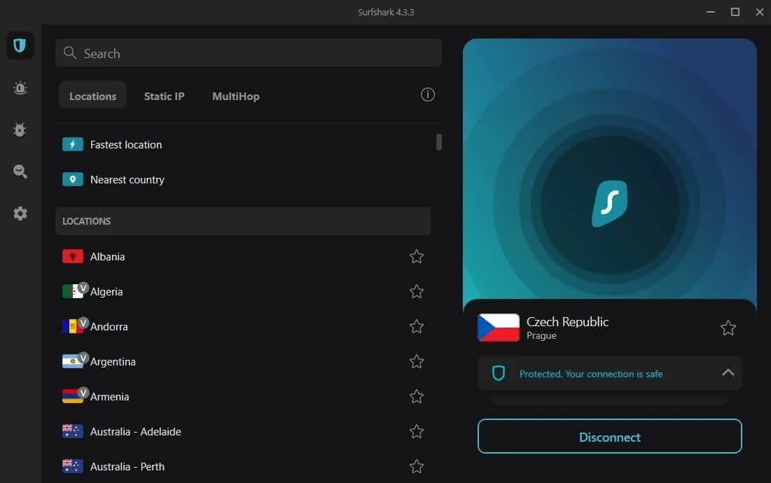 Surfshark’s dashboard displaying server locations and features